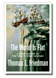 Cover of The World Is Flat: sailing ships pouring over the edge of a flat sea